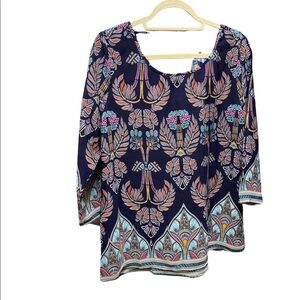 Pink Owl blouse round neck low back 3/4” sleeves floral & leaves Size Large NWT